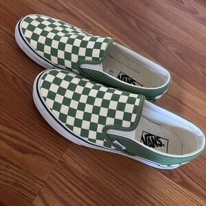 Green and white checkered Vans